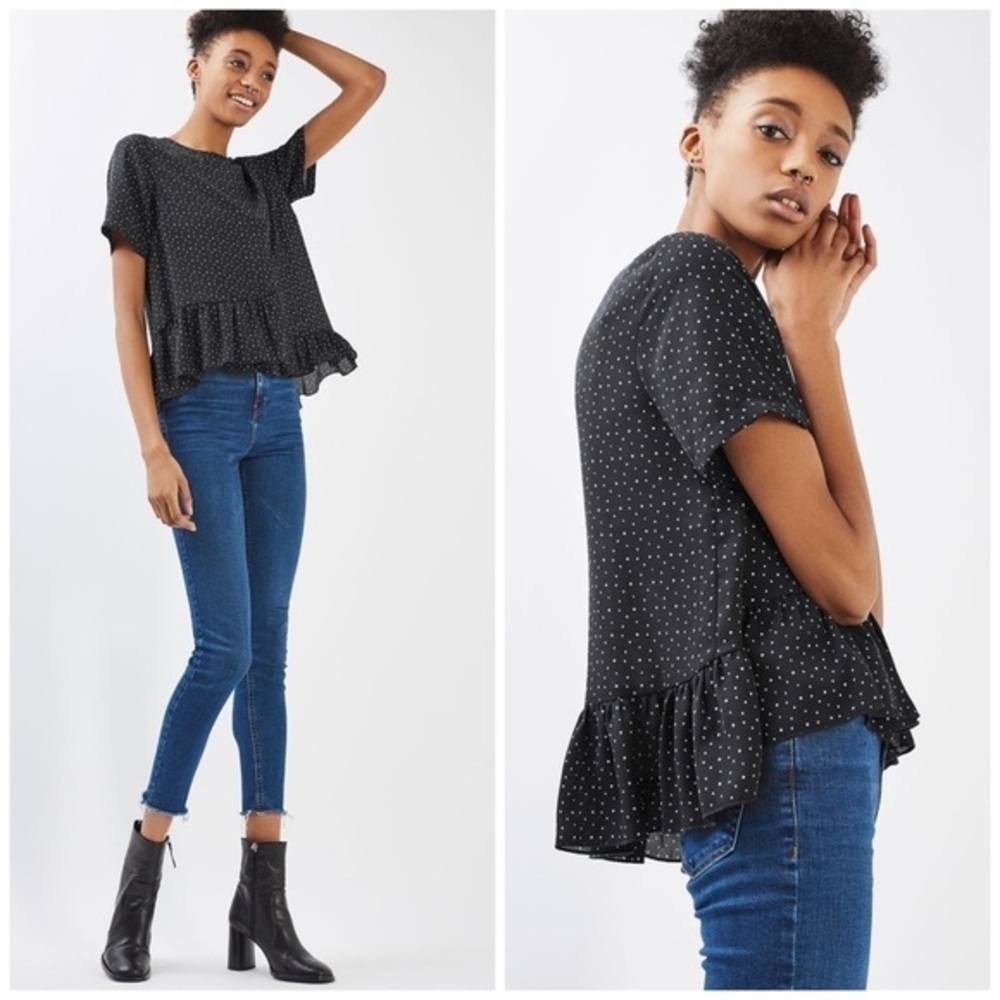 Topshop Star Frill Hem Top Short Sleeve Semi-Sheer Navy Blue US 4